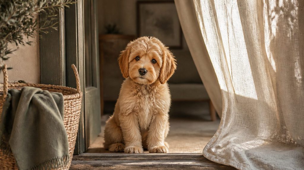 A Mini Goldendoodle puppy at home